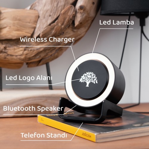 EccoTech Bluetooth Speaker + Wireless Charger + Telefon Standı + Led Lamba + Led Logo 